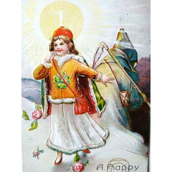 New Years Postcard Grim Reaper Irish Girl Clover Embossed Series 8084 Germany - Picture 5 of 5